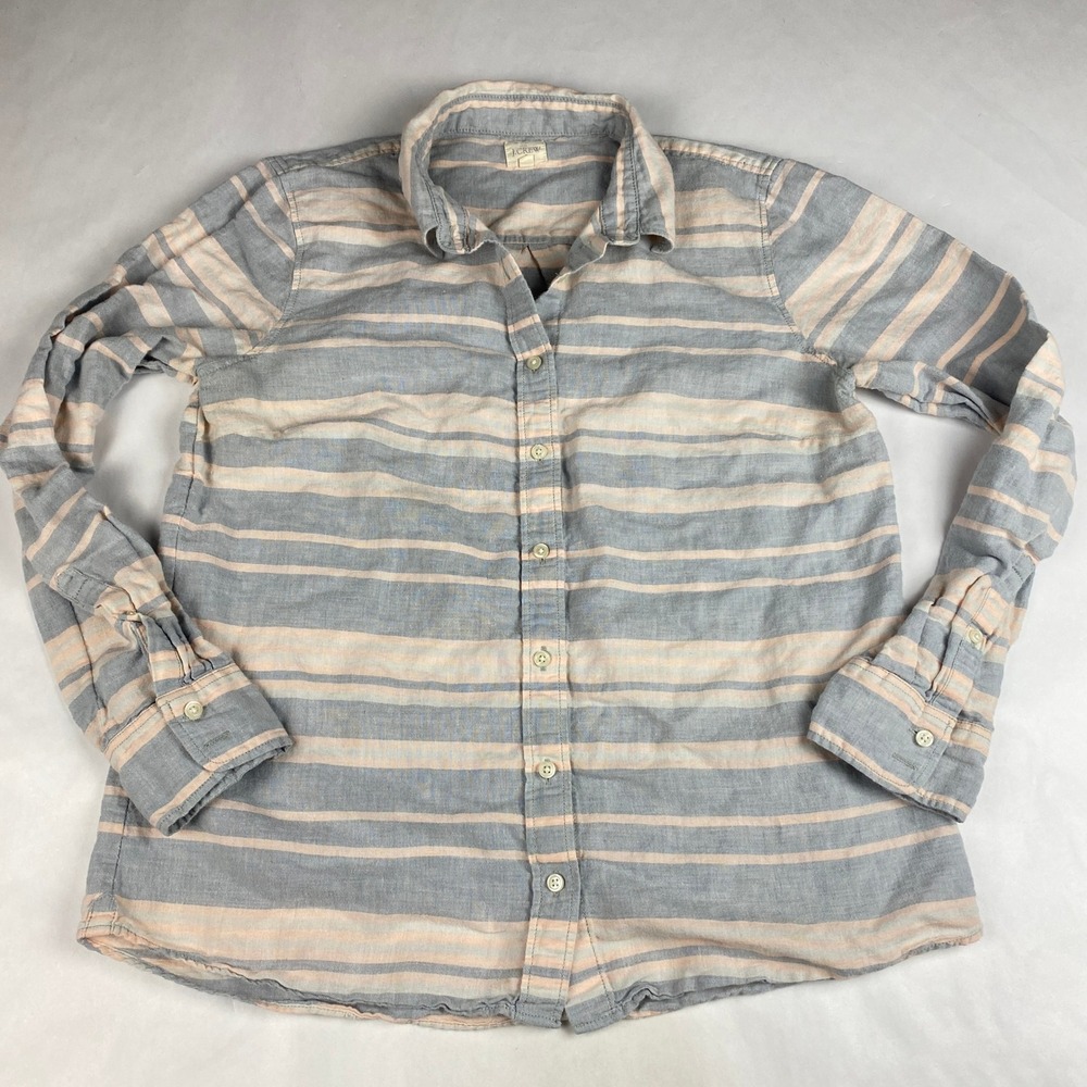 J. Crew‎ Linen Blend Shirt Women's Size M Button Up Striped Pink Blue